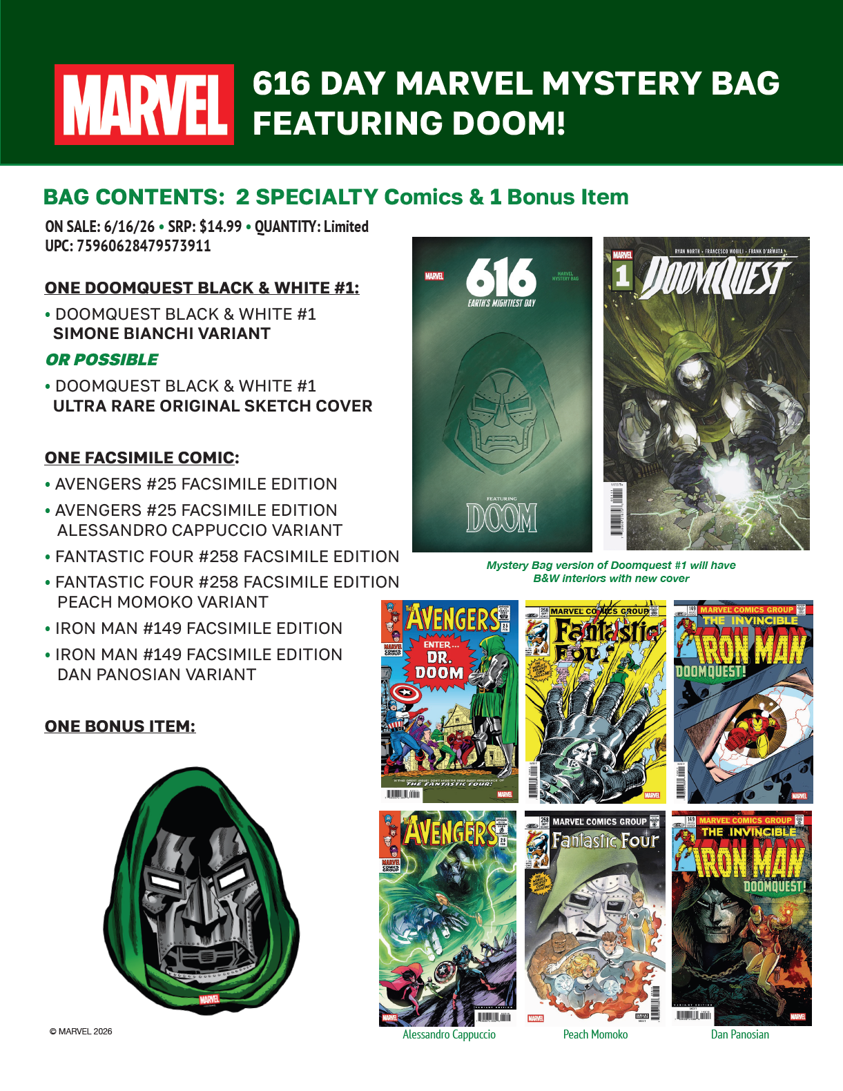 616 DAY MARVEL MYSTERY BAG FEATURING DOOM - PREORDER (FOC 26/4/26) DUE IN STORE 16/6/26